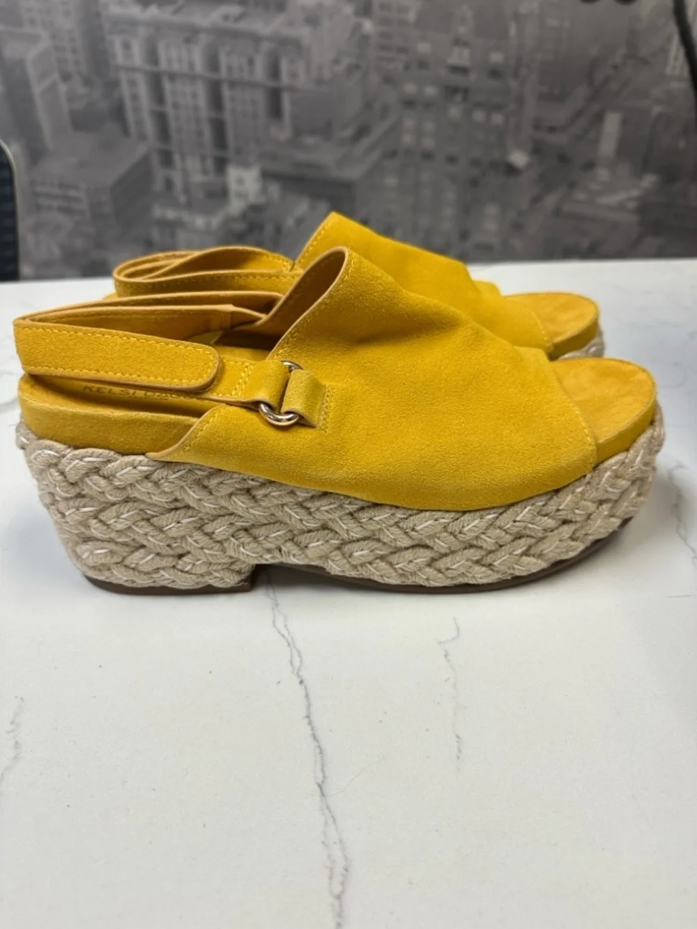 Anthro Kelsi Dagger Brooklyn Keys Yellow Suede Platform Espadrille Sandal Sz 11